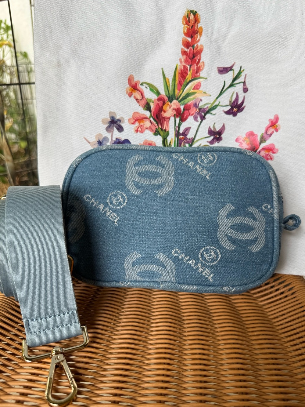 CHANEL Light Blue Denim Logo Canvas Beaute pouch/crossbody.